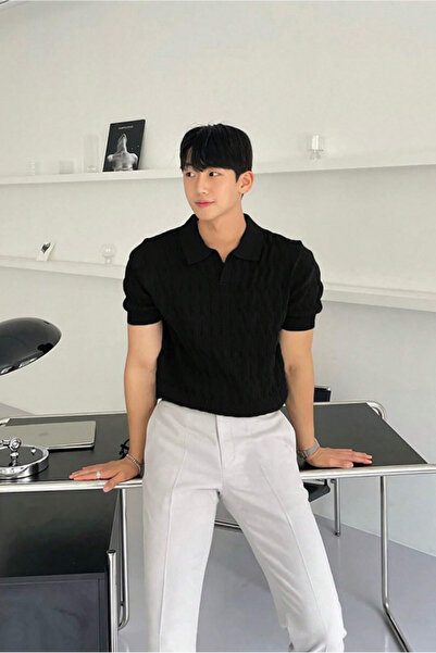 Tarz Cool Erkek Siyah İnce Saç Örgülü Slim Fit Polo Yaka Triko T-Shirt