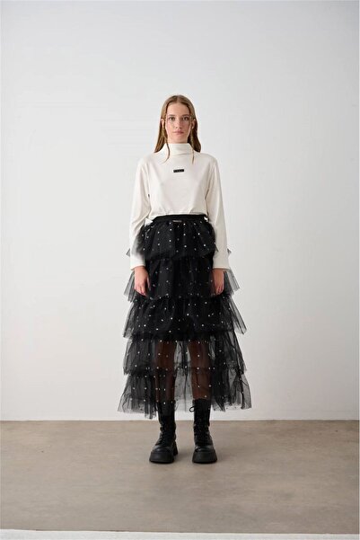 LOCO LOCO Fusta lungă din tul pentru fetiță neagră - model cu puncte 7392
