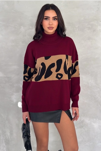 FEMELLE Women's Burgundy Standard Size Leopard Print Turtleneck Knitwear Sweater
