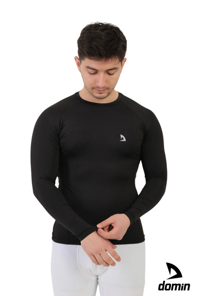 DOMİN SPOR Чоловіча чорна футболка для фітнесу з довгим рукавом з компресійним тренувальним залом