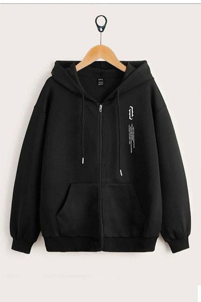 Pink Sky Vertical Cardigan - Black Printed Winter Oversize Hooded Cardigan with Zipper Pocket Detail