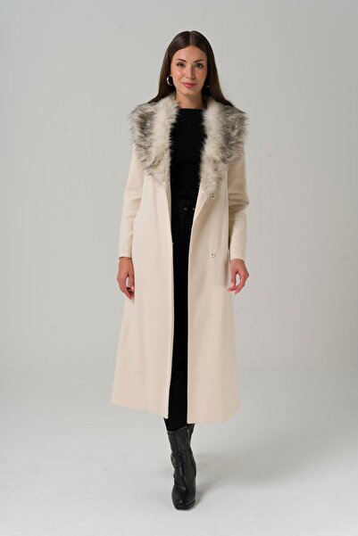 Olcay Μακρύ παλτό με αποσπώμενη γούνα και δεμένη μέση ECRU 3804