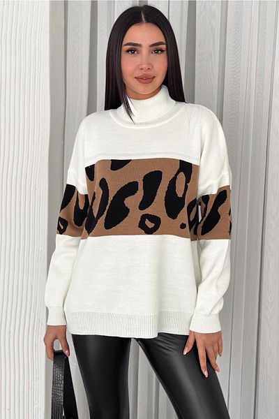 FEMELLE Pulover de damă, alb, mărime standard, cu model leopard, tricotaj cu gât