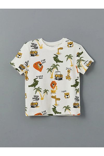 LC Waikiki Lcw Baby Ecru Crew Neck Printed Boy's T-Shirt and Shorts 2-Piece