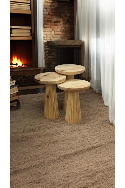 Simillo Home&Living Wood Wooden Ahşap 3’lü Set Fitilli Mantar Yan Sehpa Moder...