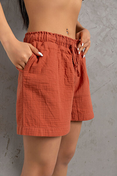 Maule Kiremit %100 Pamuk Müslin Kumaş Rahat Kesim Bağcıklı Lastikli Cepli Kadın Şort @las Palmas