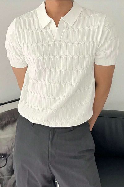 Tarz Cool Ανδρικό Λευκό Λεπτό Πλεκτό Τ-shirt με Σλιμ Φιτ και Πόλο Γιακά.