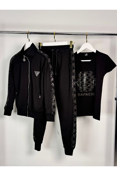 Posh Chic 3-Piece Black Tracksuit Set with Stone Detail - Stoned Tracksuit Elegance