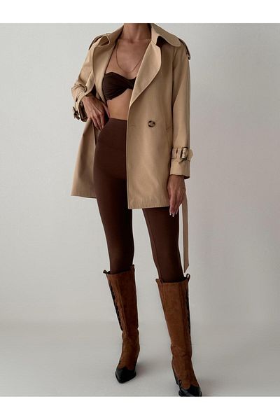 BUTİK ELAJ Women's Beige Short Belted Trench Coat