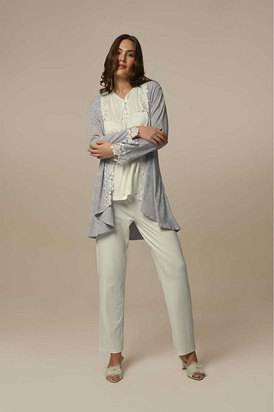 Pelin Women's Gray Lace Maternity Maternity Dressing Gown 3-Piece Pajamas Set