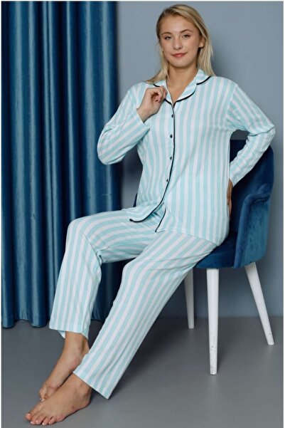 Genel Markalar Gömlek Yaka Çizgili Düğmeli Kadın Pijama Takımı