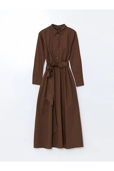 LC Waikiki Γυναικείο φόρεμα LCW Modest καφέ πουκάμισο με γιακά ποπλίνα