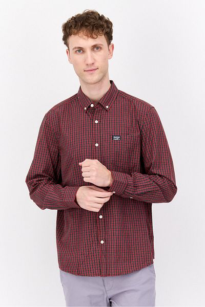Perry Ellis Men Regular Fit Checkered Long Sleeve Casual Shirt, Red Combo