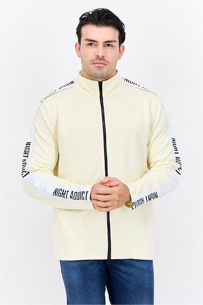 Night Addict Men High Neck Long Sleeves Brand Logo Sweatshirt, Cream