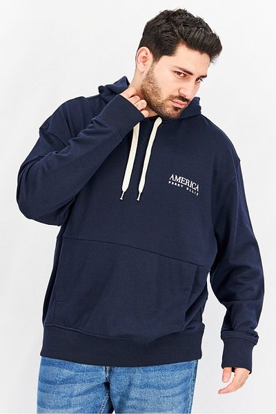 Perry Ellis Men Hooded Embroidered Logo Long Sleeve Sweatshirt, Navy
