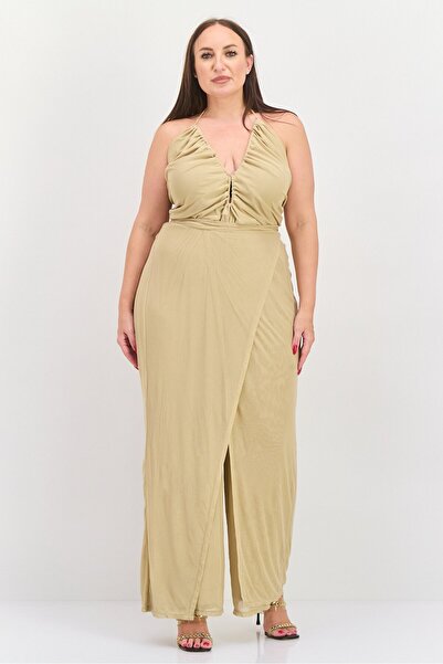 Nicole Williams English x bar III Women Plus Size Lace Details Sleeveless Jumpsuit, Beige