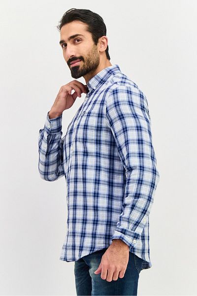 Perry Ellis Men Regular Fit Long Sleeves Plaid Casual Shirt, Navy