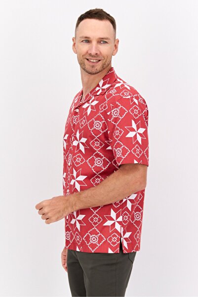 Perry Ellis Men Regular Fit Allover Print Short Sleeves Casual Shirt, Red Combo