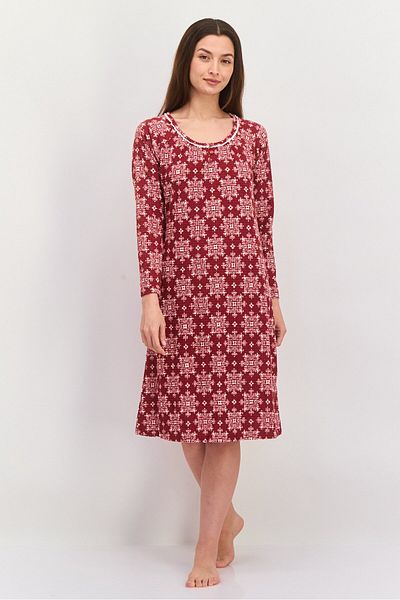 Carole Hochman Women Long Sleeve Allover Print Night Dress, Maroon