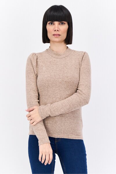 Brave Soul Women Crew Neck Long Sleeve Solid Top, Beige