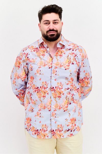 Perry Ellis Men Stretch Fit Allover Print Short Sleeves Casual Shirt, Light Blue Combo