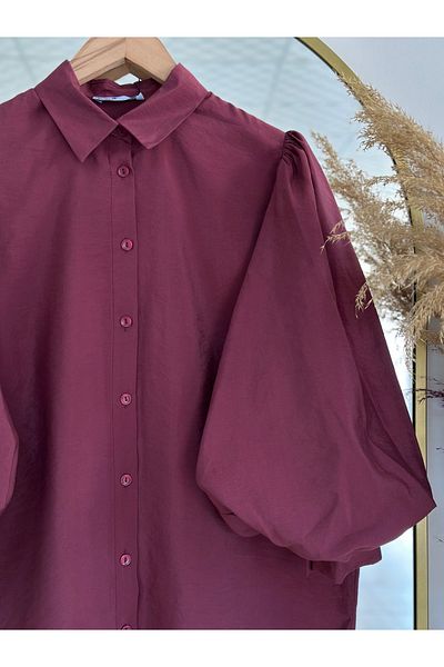 Ebrar Store Sedef Balloon Sleeve Shirt-Bn4207 Claret Red