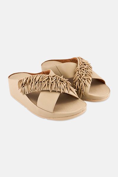 Fitflop Women Rumba Beaded Leather Slip On Slide Sandal, Beige