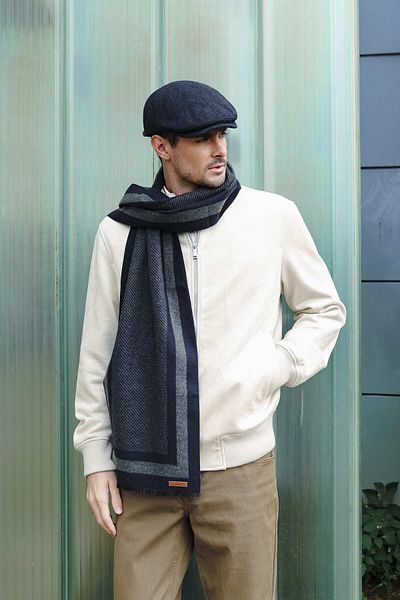 Nordbron Men's Navy Blue Knitwear Winter Loes - Thick Scarf with Soft Color Block, Stripe Scarf Detail