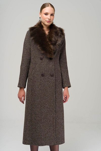 Olcay Detachable Fur Collar Double Breasted Herringbone Coat BROWN 3937