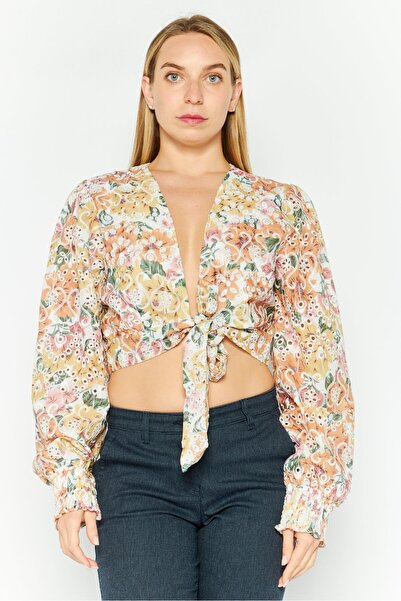 En Saison Women Tie Neck Long Sleeves Embroidered Blouse, White