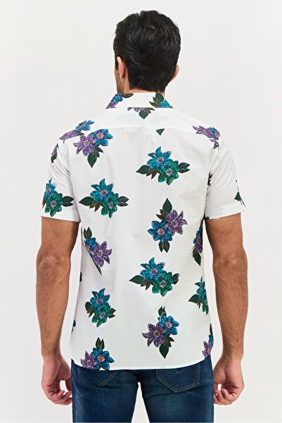 Perry Ellis Men Stretch Fit Short Sleeves Allover Printed Casual Shirt, White Combo