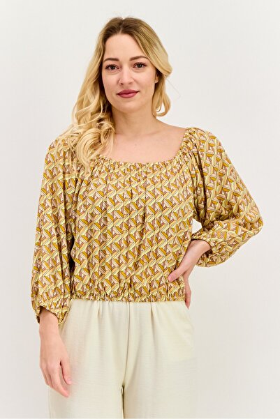 Hurley Women Boat Neck 3/4 Sleeve Allover Print Top, Peach