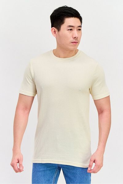 Denim & Flower Men Crew Neck Short Sleeve Textured T-shirts, Cream