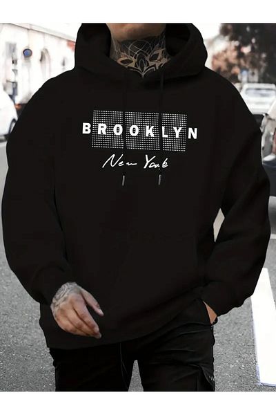 Pink Sky Brooklyn New York Printed Oversize με κουκούλα καγκουρό τσέπη