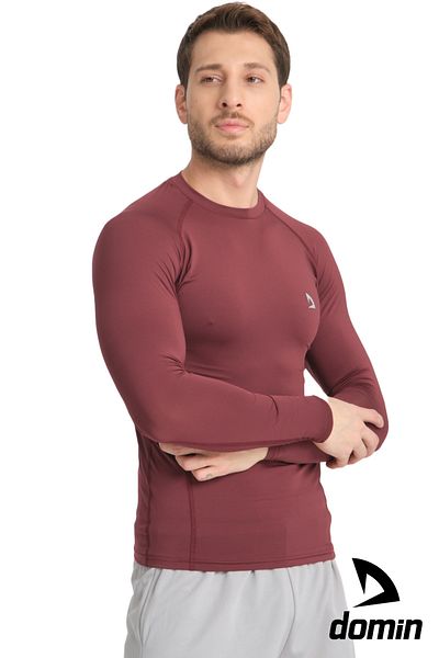 DOMİN SPOR Мъжка спортна тениска с дълъг ръкав, тъмночервена, с компресионна кройка