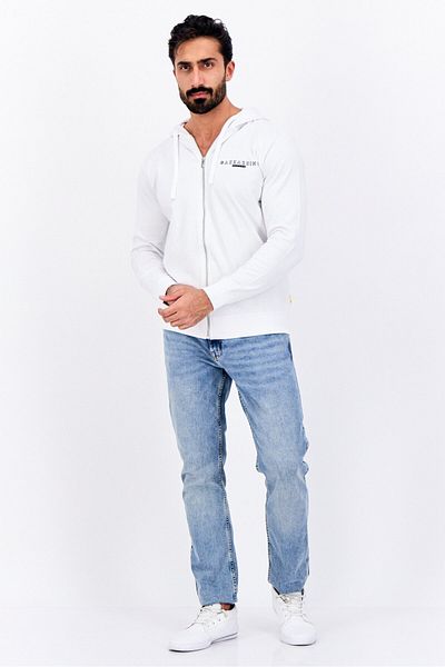 GAZZARRİNİ Men Hooded Brand Logo Long Sleeve Sweatshirt, White