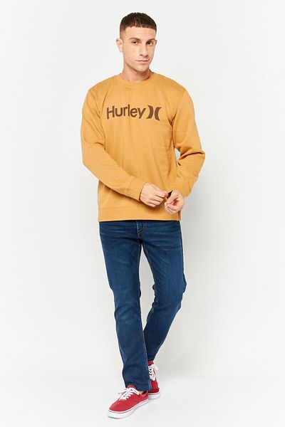 Hurley Men Crew Neck Long Sleeve Brand Logo Sweatshirt, Light Tan