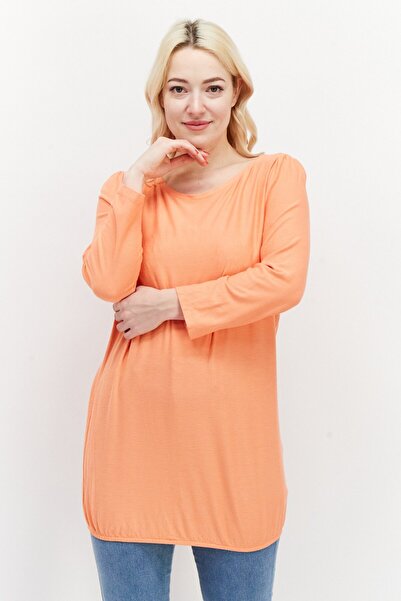 ZERO Women Round Neck Long Sleeve Textured Top, Dark Peach