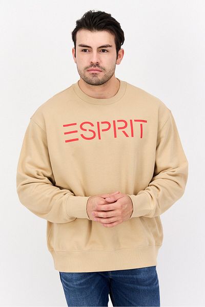 Esprit سويت شيرت رجالي بشعار العلامة التجارية بأكمام طويلة وياقة دائرية، لون بيج