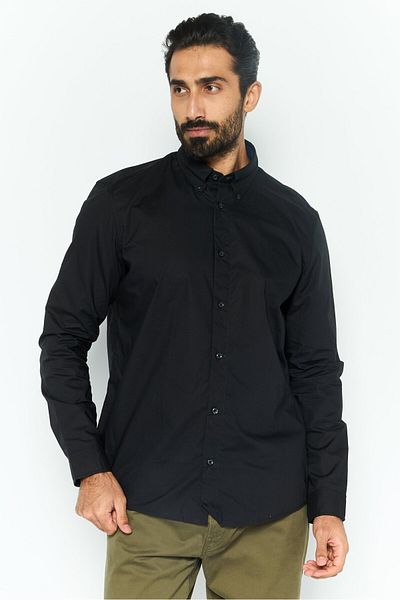 Esprit Men Regular Fit Plain Long Sleeves Casual Shirt, Black