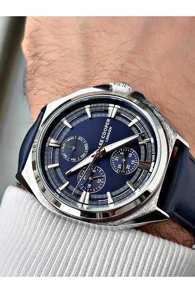 Lee Cooper Functional Navy Blue-Silver Color Leather Band Men's Wrist Watch 7568.499