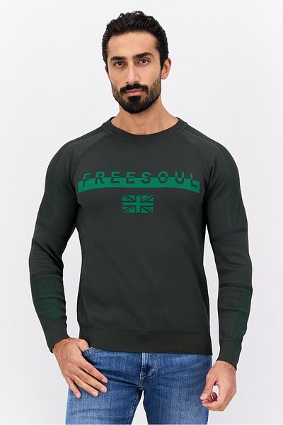 freesoul Men Crew Neck Long Sleeves Brand Logo Sweatshirt, Verdant Green