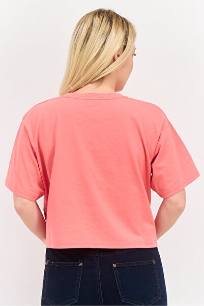 WRANGLER Women Round Neck Short Sleeves Brand Logo Crop Top, Pink