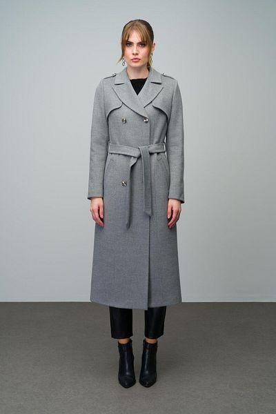 Olcay GRAUER zweireihiger Kaschmirmantel - Schulterklappen- und Umhangdetail, Zwischengröße, Modell 3006