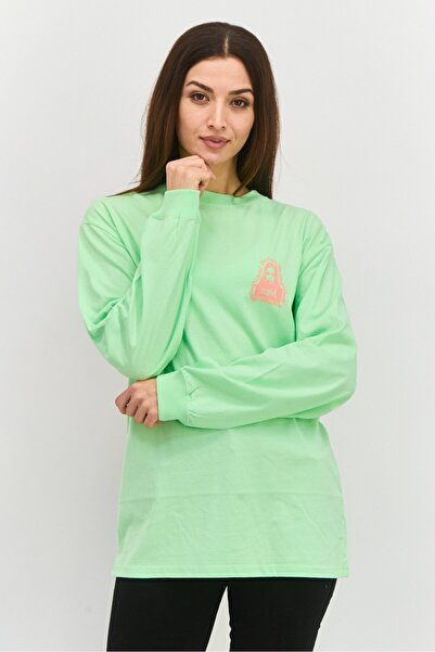 X-Girl تي شيرت نسائي بطبعة جرافيكية وأكمام طويلة ورقبة دائرية، أخضر ليموني