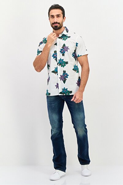 Perry Ellis Men Stretch Fit Short Sleeves Allover Printed Casual Shirt, White Combo