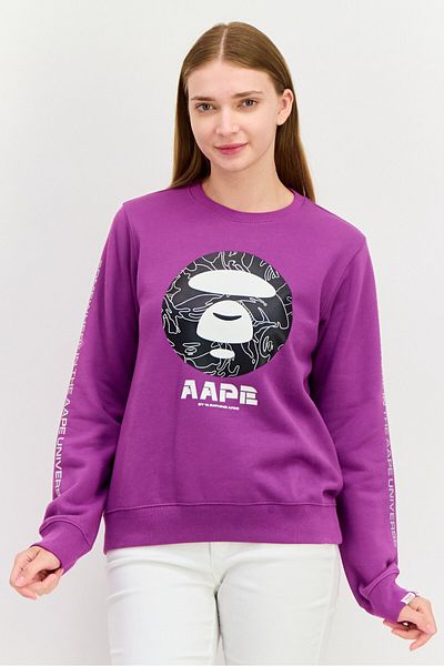 Aape By A Bathing Ape Women Crew Neck Graphic Print Long Sleeves Sweatshirt, Purple Combo