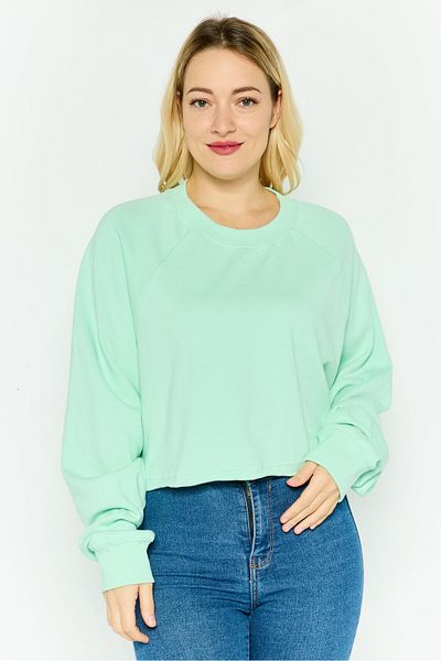 NIA Women Crew Neck Long Sleeve Solid Crop Sweatshirt, Mint Green