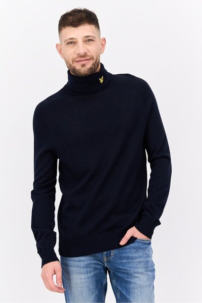 Lyle & Scott Men Mock Neck Embroidered Print Long Sleeve Sweater, Dark Navy