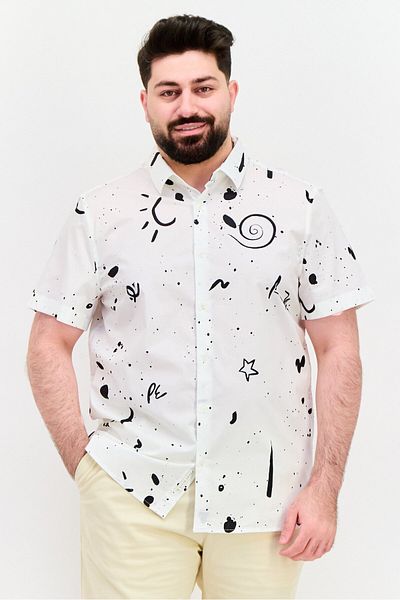 Perry Ellis قميص رجالي كاجوال بأكمام قصيرة وطباعة كاملة وقصيرة مناسب للارتداء، أبيض